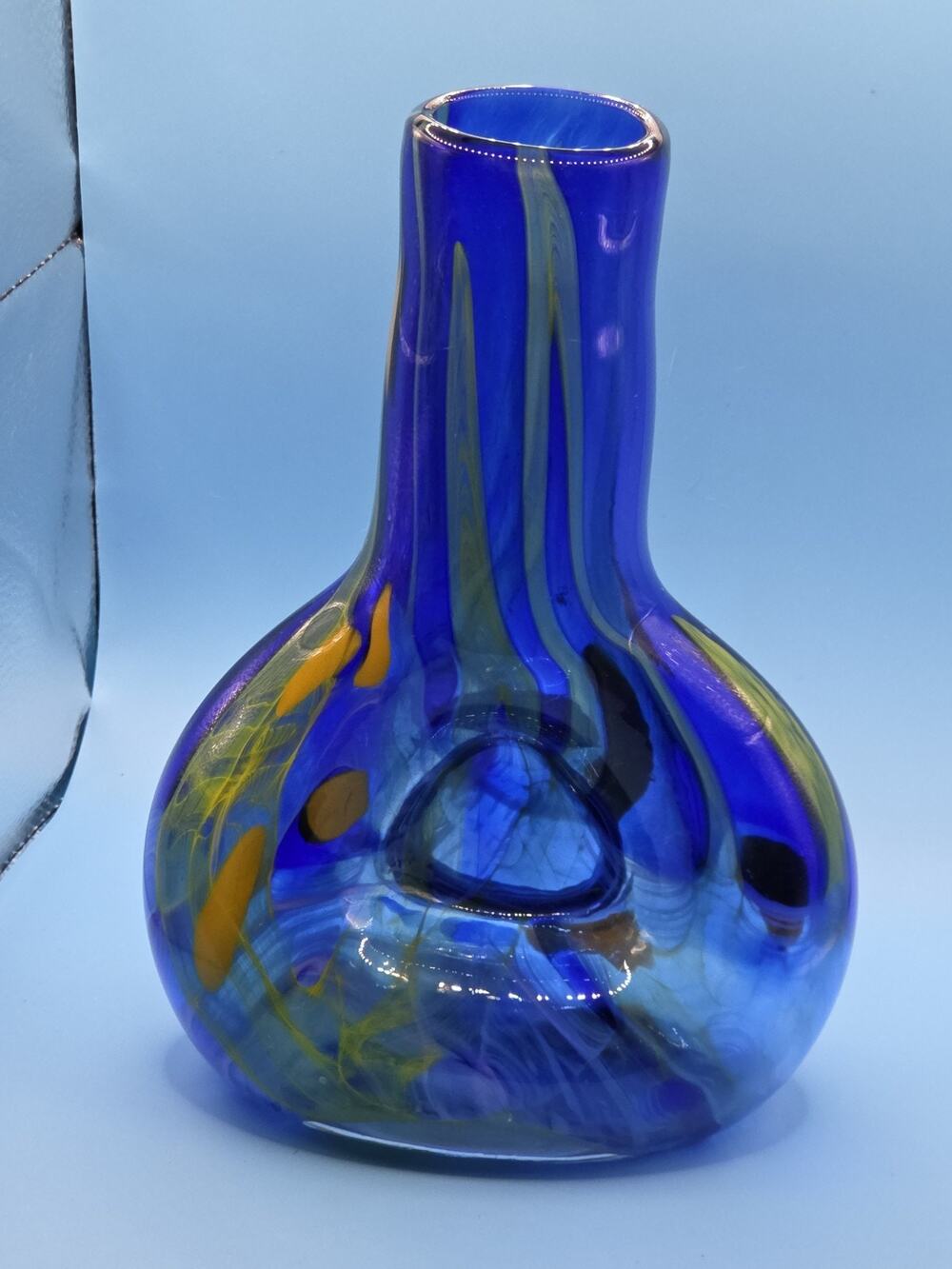 Signed Romanian Art Glass Vase Cobalt Blue Yellow Blown Studio Glass Vintage MCM
